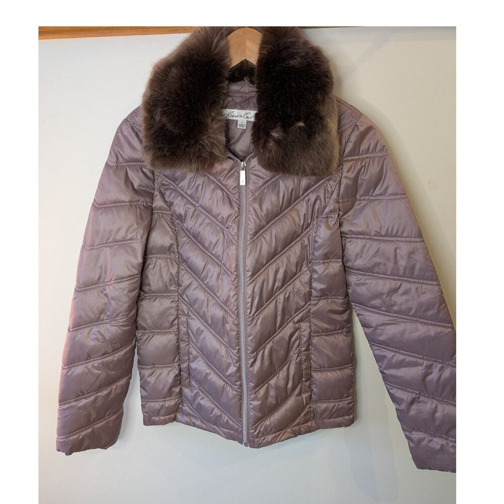 Kenneth Cole Taupe Mauve Puffer Jacket Removable Faux Fur Collar Small